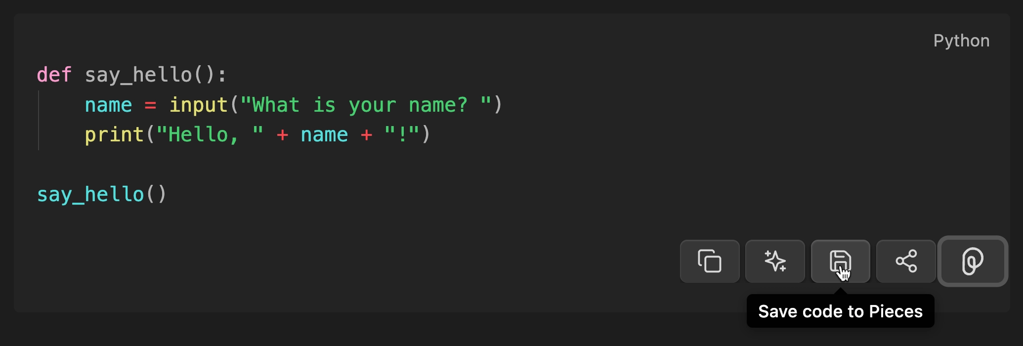 A screenshot of Obsidian with the save code to pieces button showing on the bottom of a code block