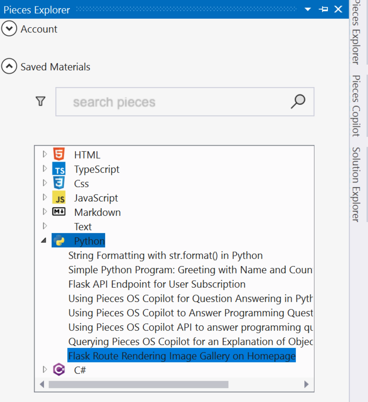 The Pieces Explorer in Visual Studio