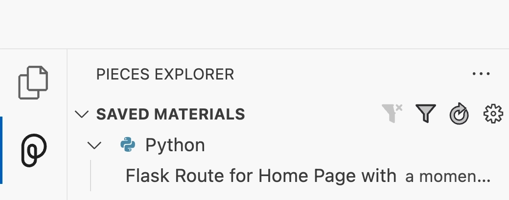 A screenshot of the Pieces explorer in VS Code showing a python snippet